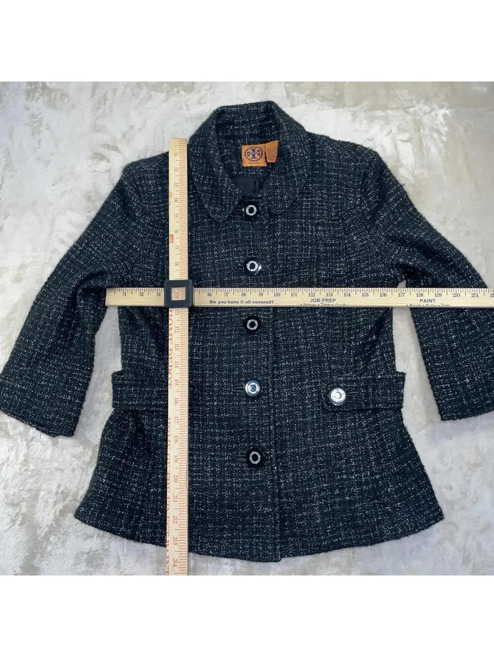 Tory Birch Black & Silver Metallic Tweed Blazer Jacket 3/4 Length Sleeves Sz 4